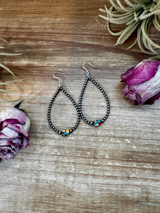 Sterling silver teardrop earrings with turquoise and spiny oyster beads, handmade by The Bijoux FAB in the USA