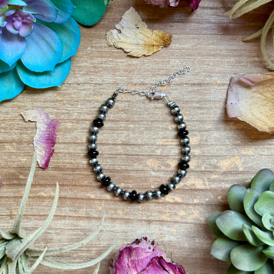 Black Onyx & Sterling Silver Pearl Bracelet – 5mm