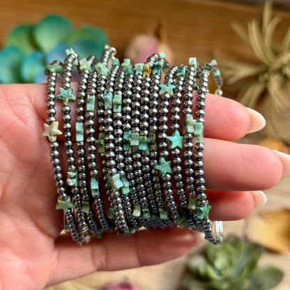 African Turquoise Onyx Star Bracelet with Sterling Silver Pearls