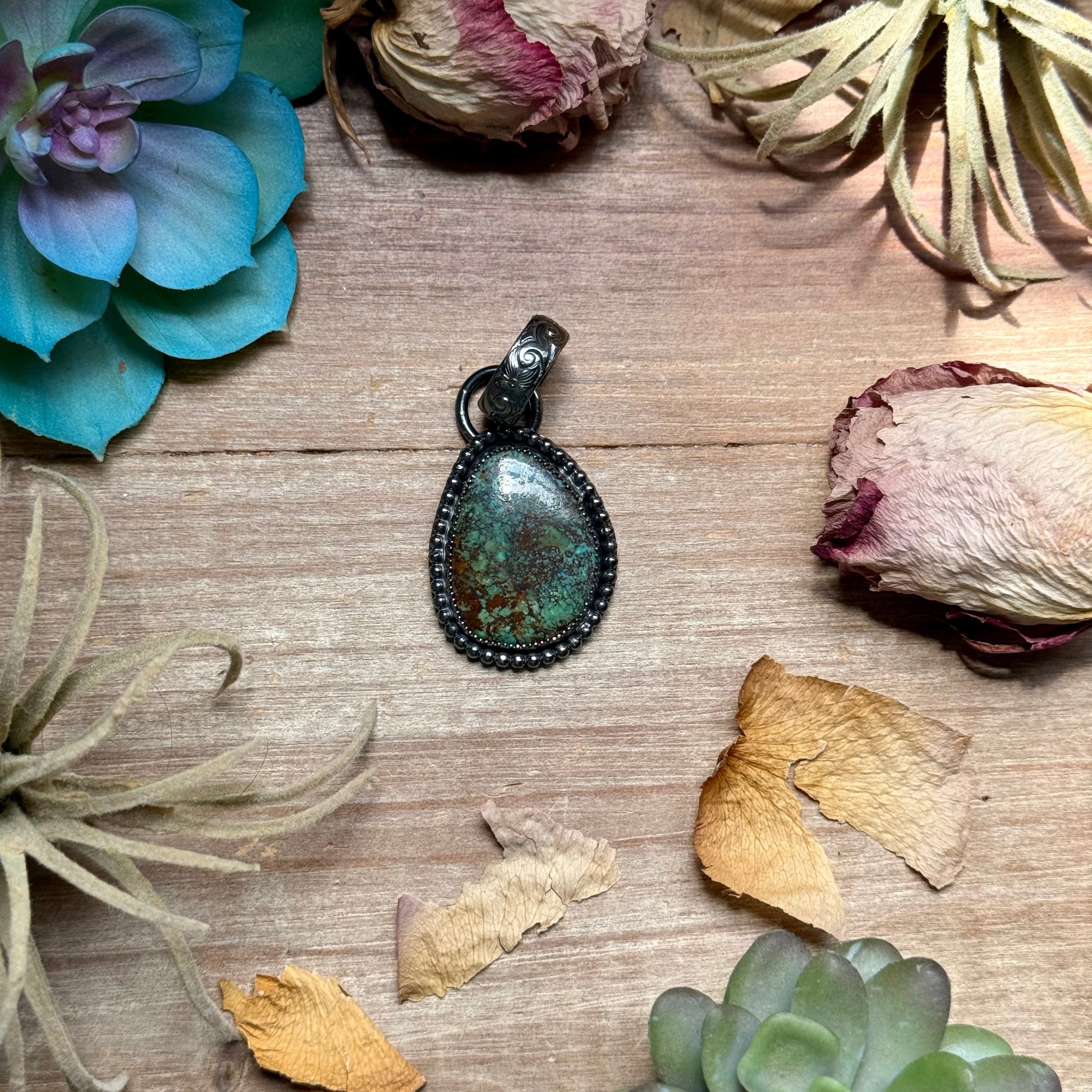 Green turquoise sterling silver pendant with heavy matrix handmade in the USA by The Bijoux FAB
