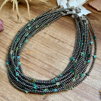 15” African Turquoise Star Necklace – Sterling Silver Pearls