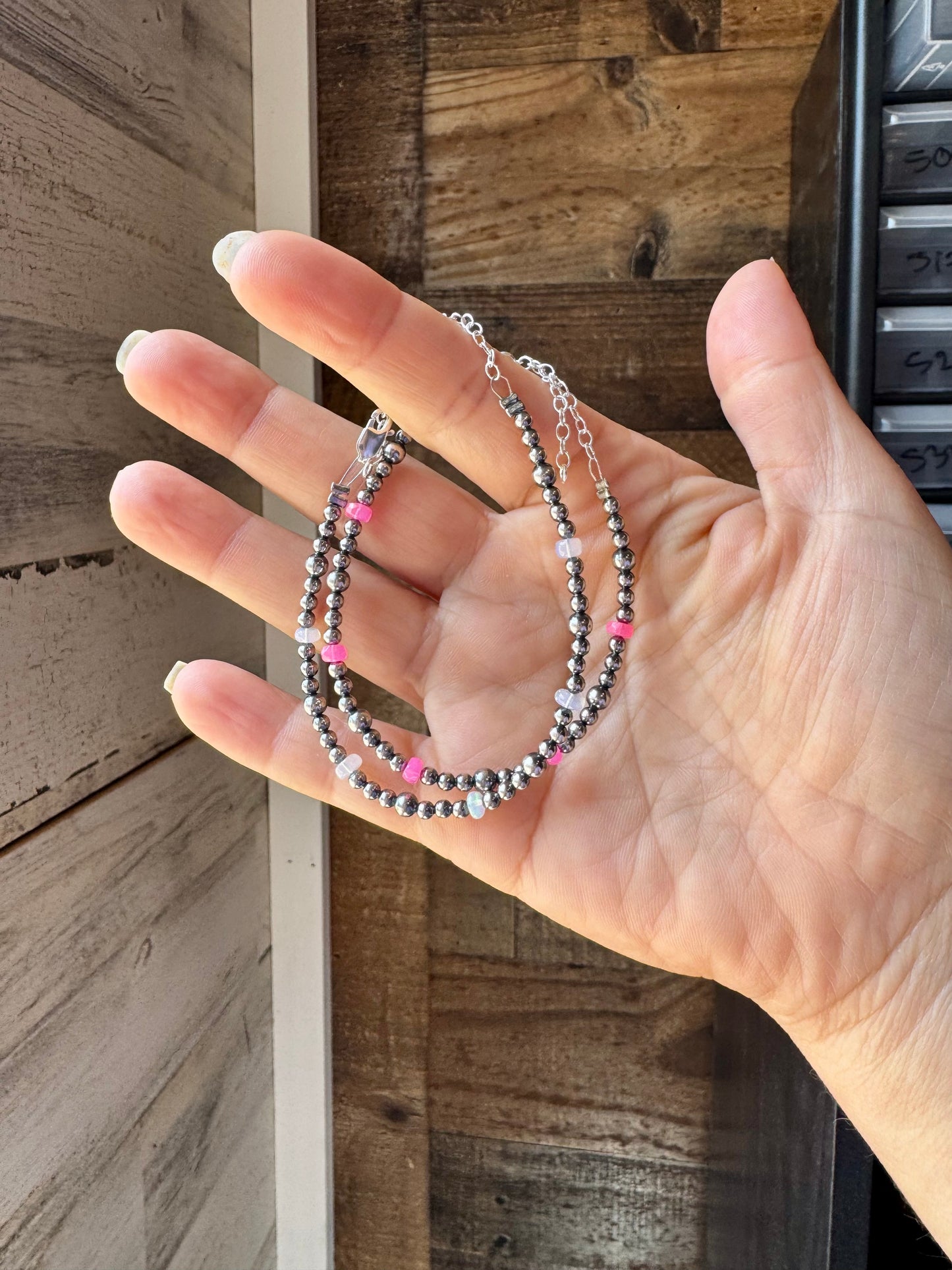 Pink Opal & Sterling Silver Pearl Bracelet