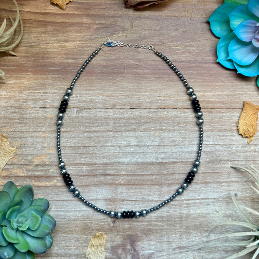 Sterling Silver Pearl & Black Onyx Necklace – 15" Plus Extender