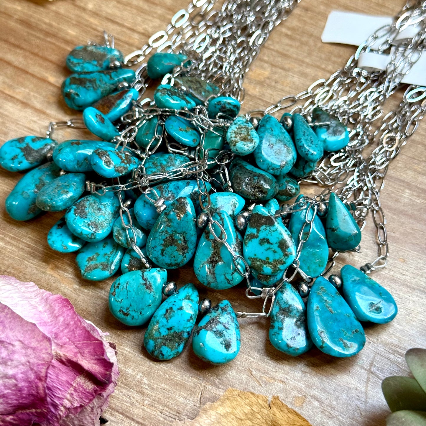 15” Turquoise Teardrop Chain Necklace – Silver Plated Paperclip