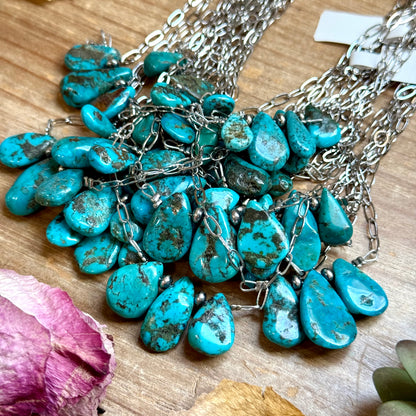 15” Turquoise Teardrop Chain Necklace – Silver Plated Paperclip