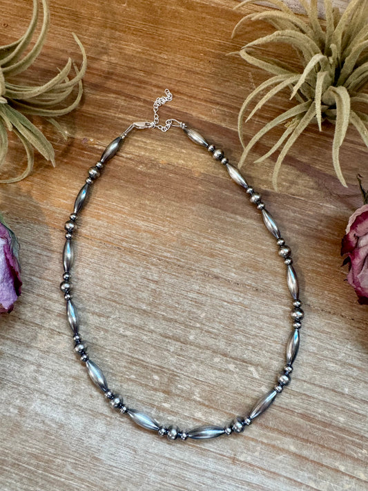 Sterling silver torpedo bead necklace with 4mm and 6mm pearls, handmade by The Bijoux FAB in the USA, 15" plus extender