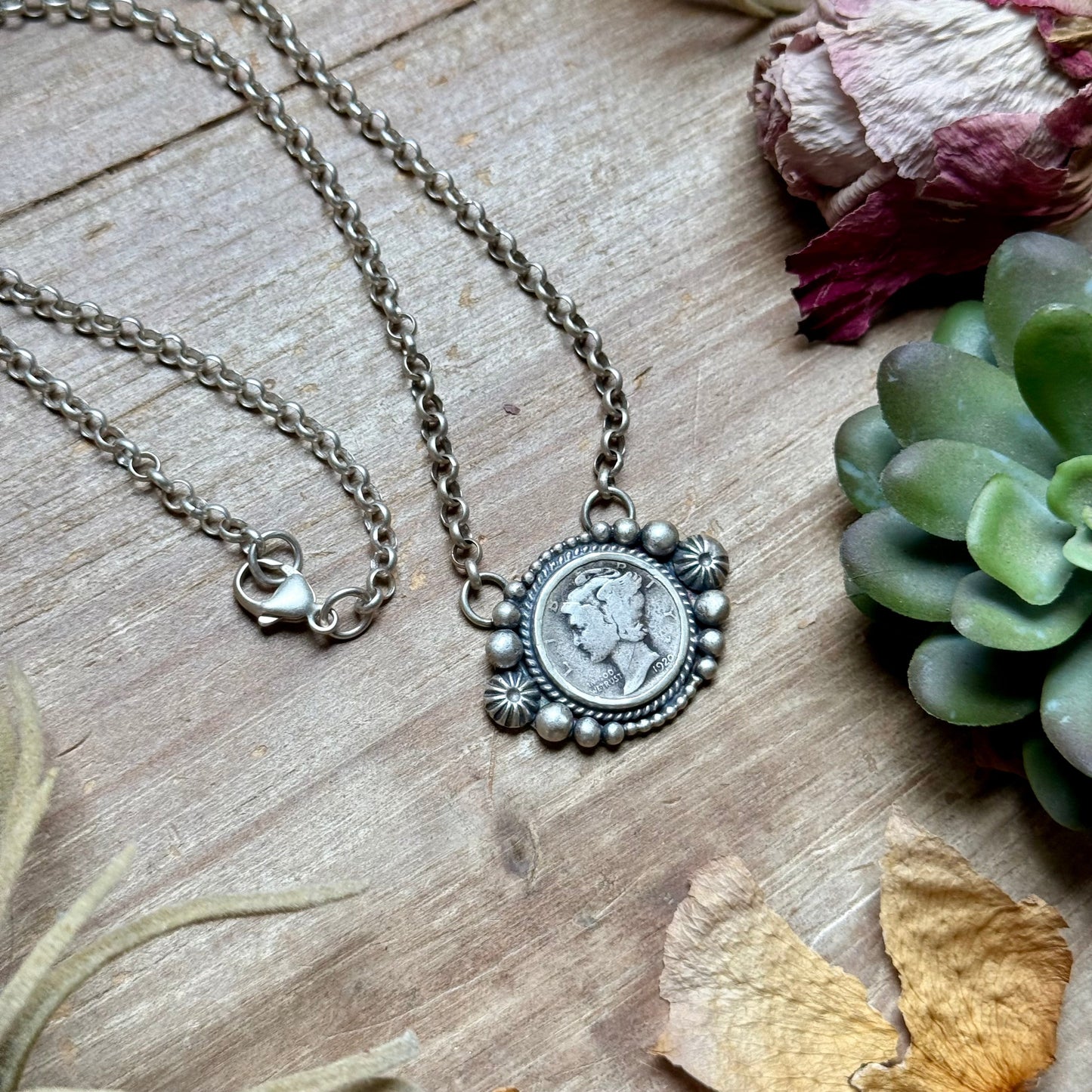 94 - Sterling Silver Mercury Dime Fixed Chain Necklace by Jason Ogg