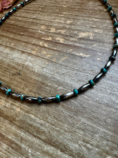 Handmade 14.5-inch turquoise choker with alternating 4mm rondelle and 3x9mm torpedo beads, plus extender, made by The Bijoux FAB