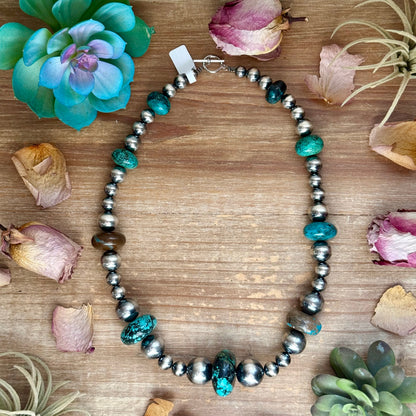 22 inch massive turquoise rondelle necklace with sterling silver pearls and non tarnish hook handmade by The Bijoux FAB