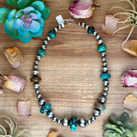 22 inch massive turquoise rondelle necklace with sterling silver pearls and non tarnish hook handmade by The Bijoux FAB