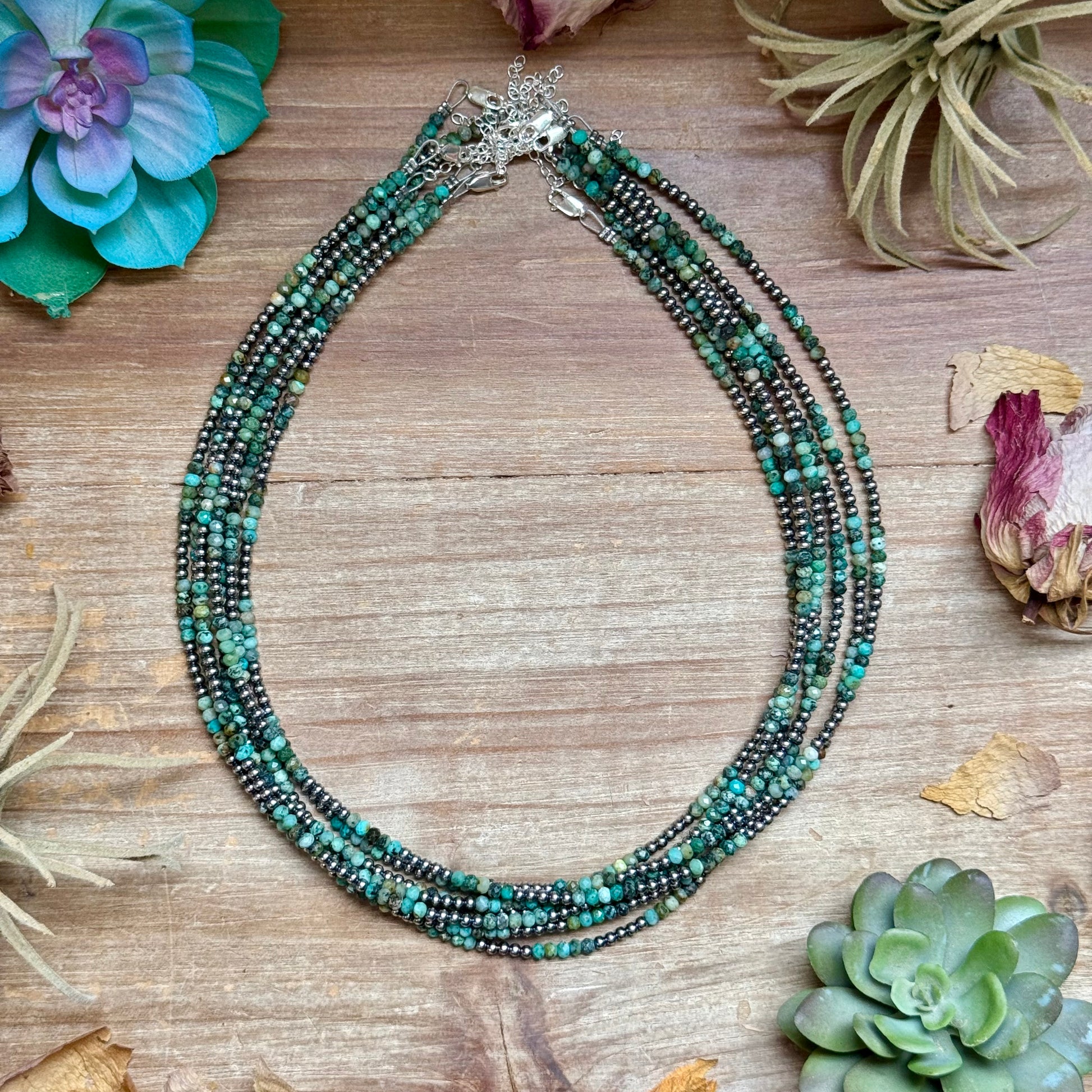 USA made sterling silver and faceted African turquoise necklace 3mm 19 inch extender handmade jewelry