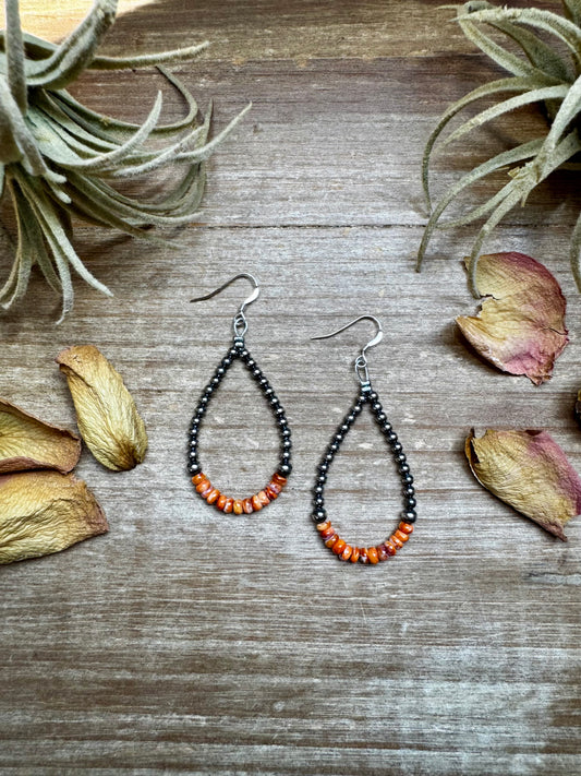 Teardrop earrings with sterling silver pearls and orange Spiny Oyster rondelle beads, made in USA