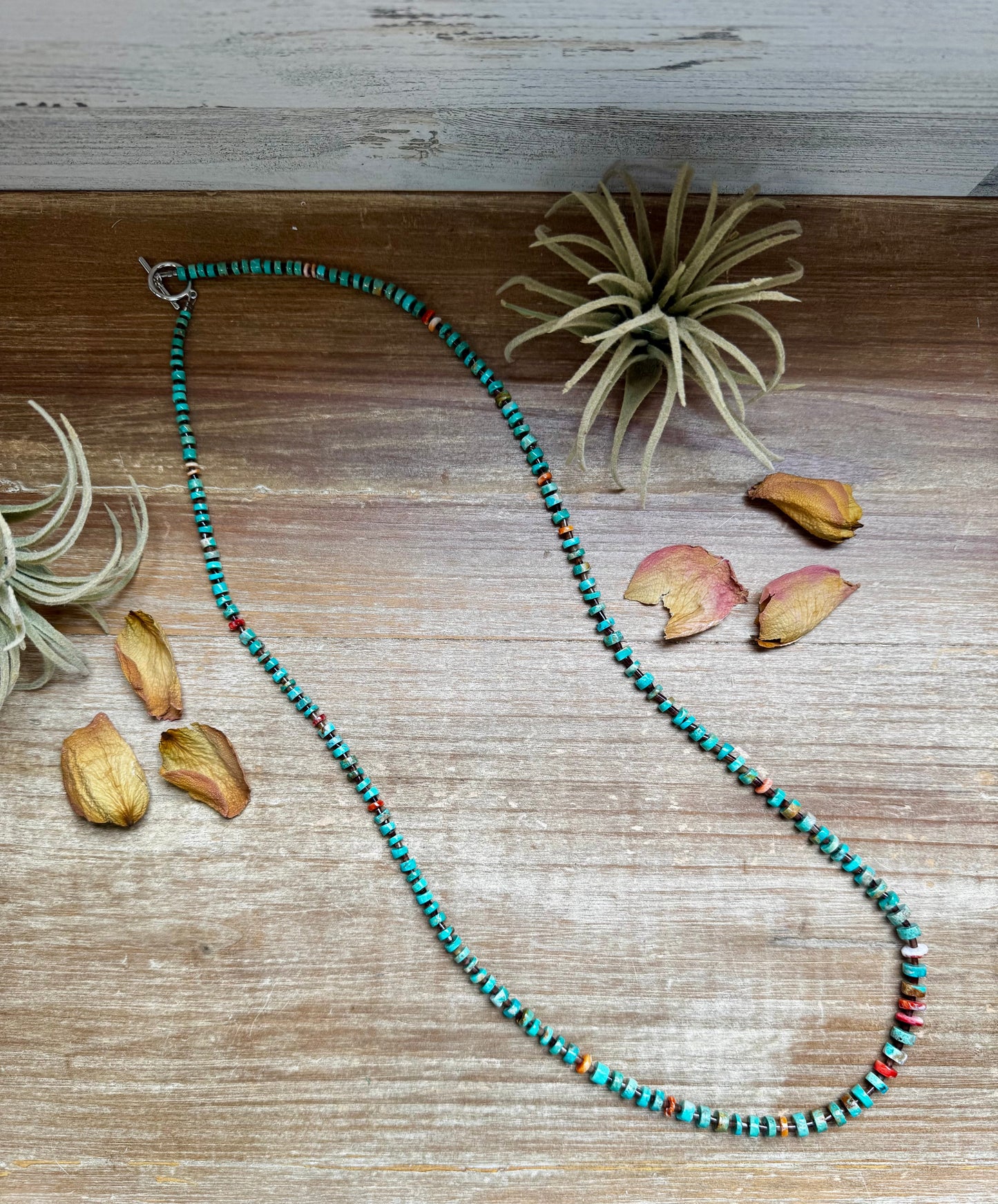 33-inch turquoise and spiny oyster necklace with natural brown shell spacers, made in the USA by The Bijoux FAB