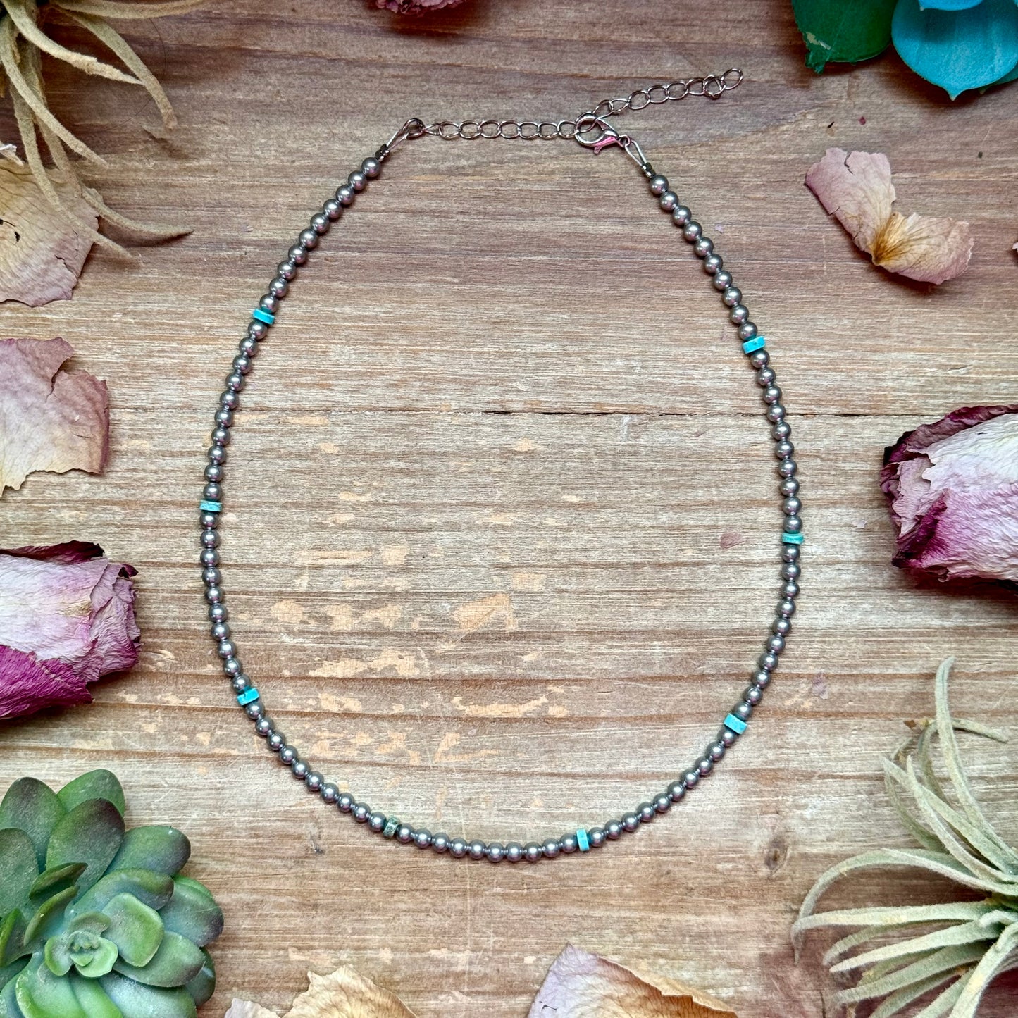 15 inch variscite turquoise heishi necklace with silver plated beads handmade by The Bijoux FAB