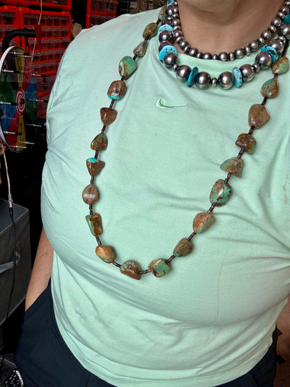 Handmade 34-inch necklace with brown 3mm shell beads and long green-brown turquoise nuggets, finished with non-tarnish hook, made by The Bijoux FAB