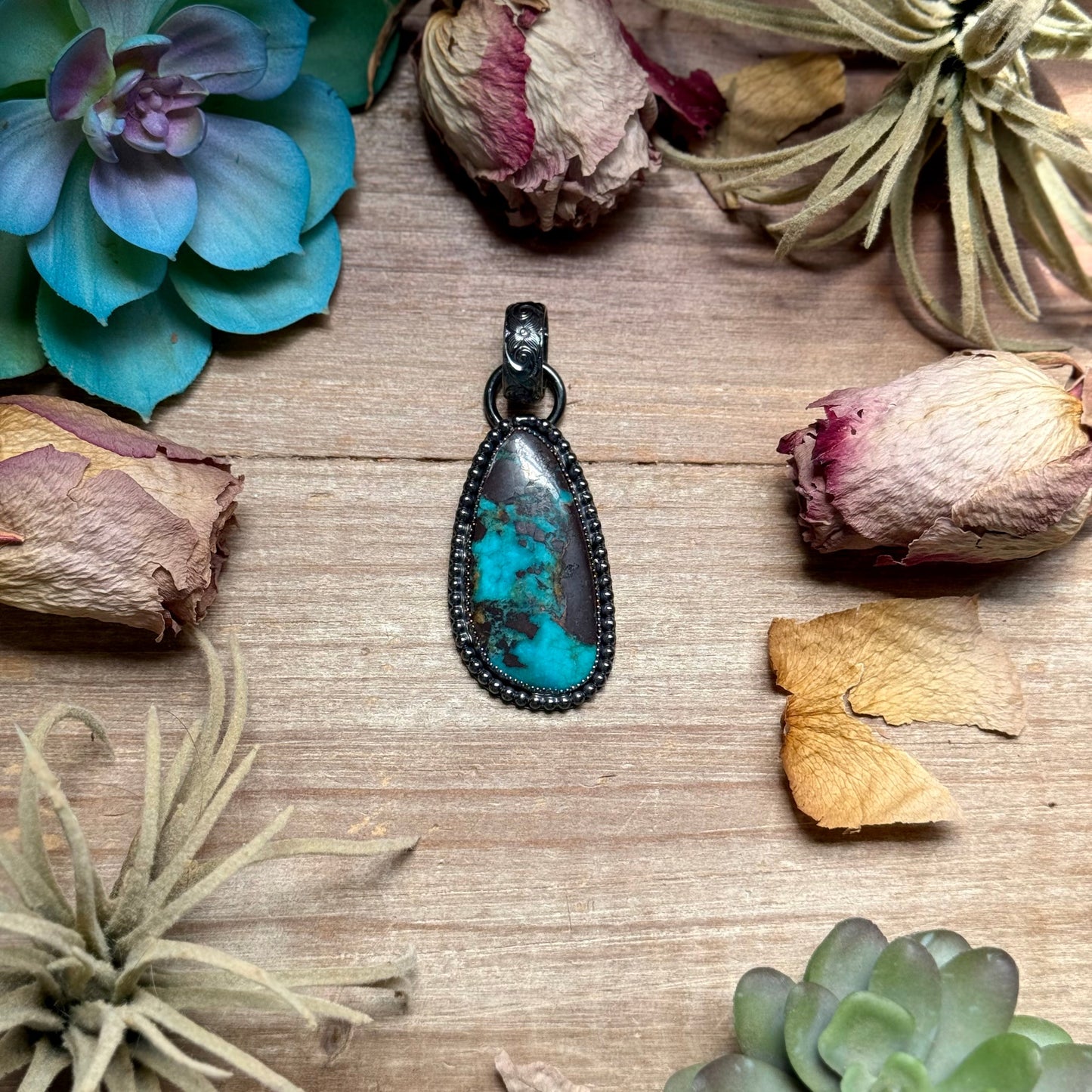 Long freeform blue turquoise sterling silver pendant with dark matrix handmade in the USA by The Bijoux FAB
