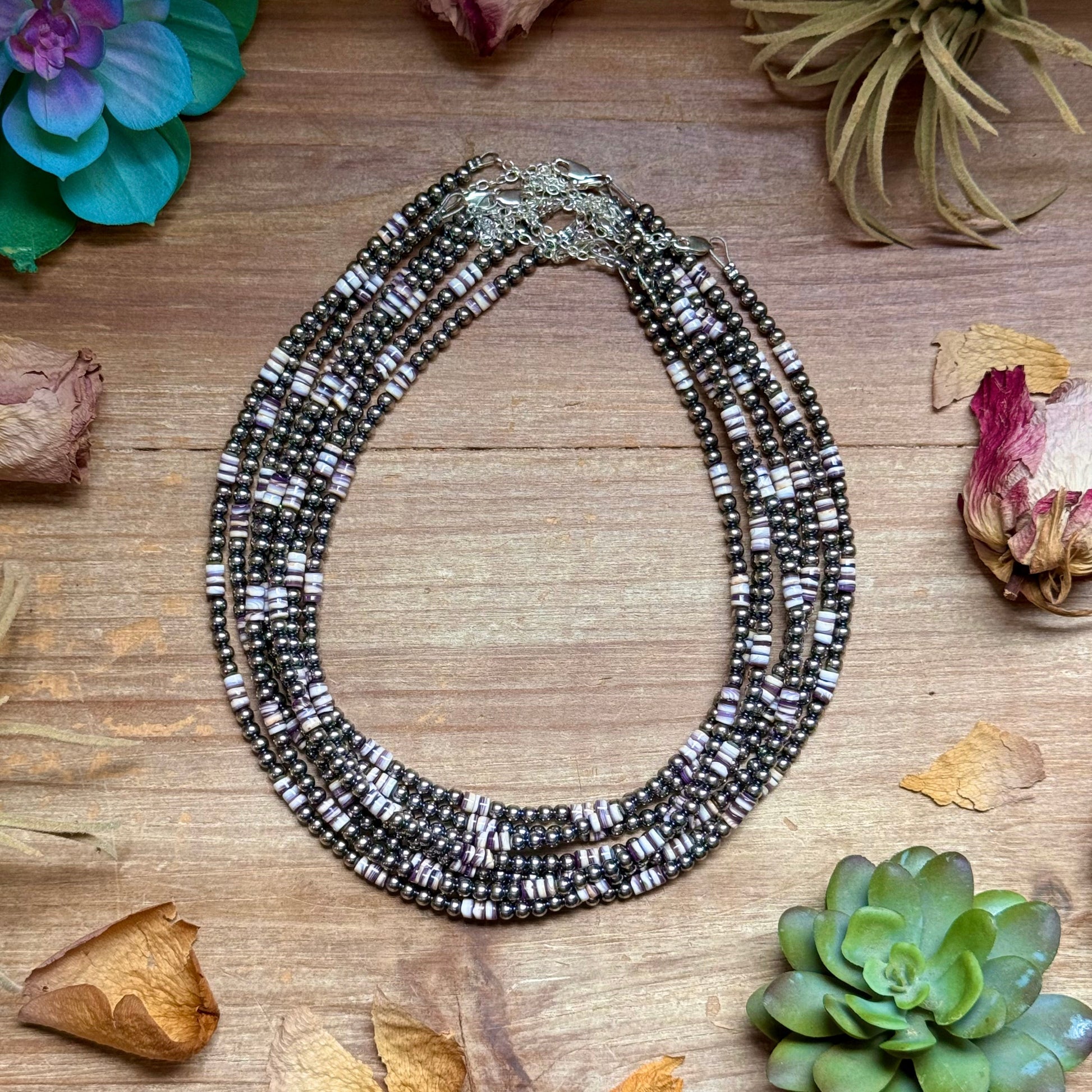 wampum shell purple white sterling silver necklace handmade USA