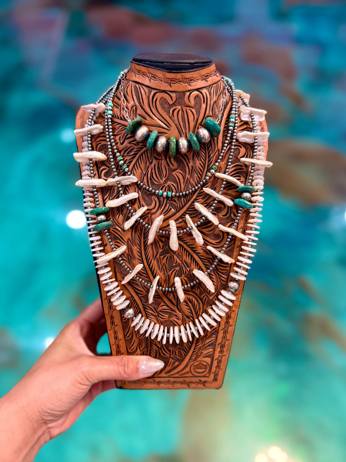One-of-a-kind Jaci Collection layered jewelry stack with mother of pearl, turquoise, freshwater pearls, and sterling silver handmade by The Bijoux FAB