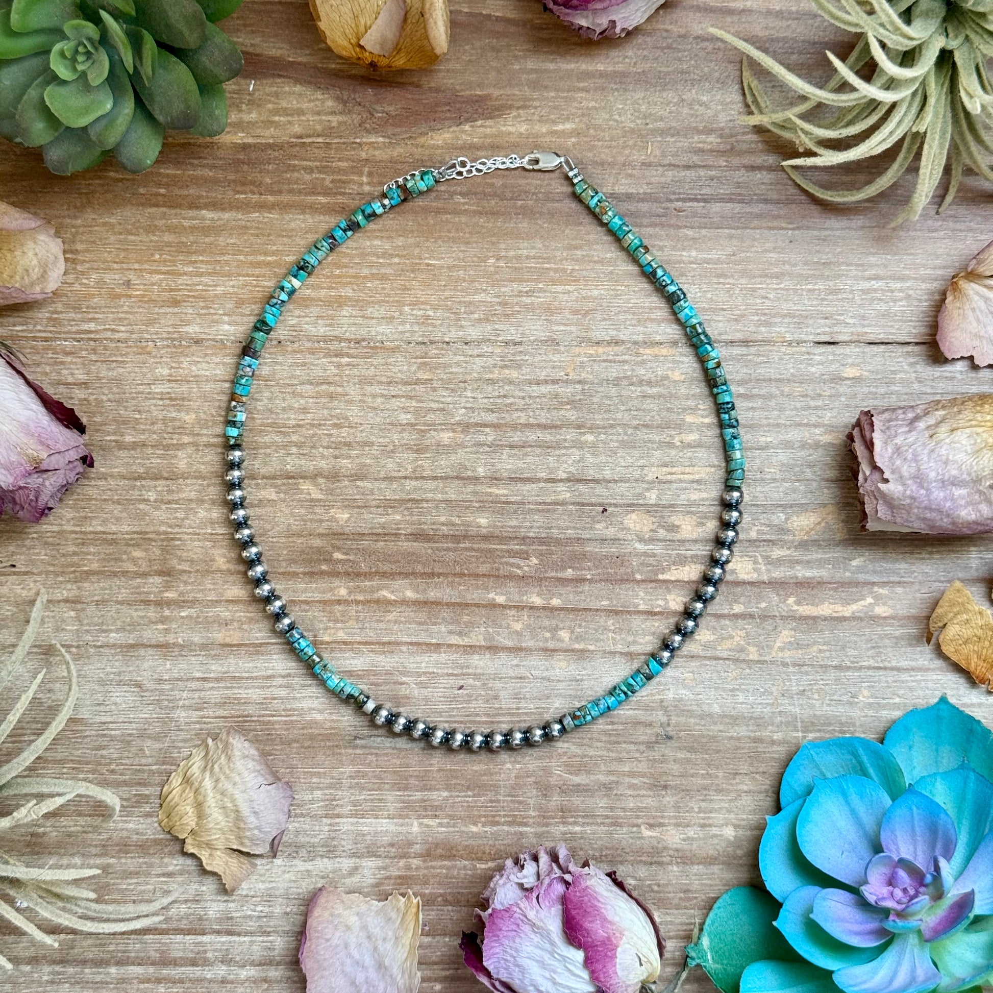 15 inch Heishi turquoise necklace with 4mm turquoise and 5mm sterling silver pearls handmade by The Bijoux FAB