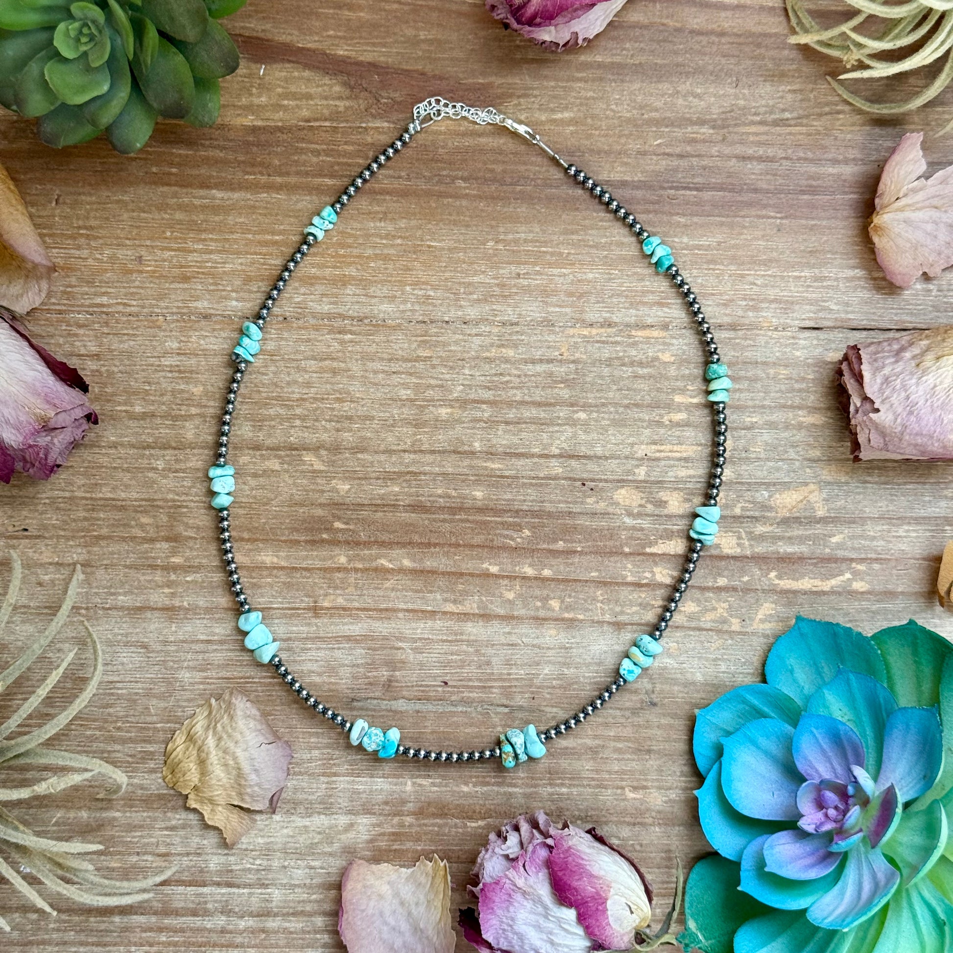 16.5 inch Lone Mountain turquoise nugget necklace with 3mm sterling silver pearls and extender handmade by The Bijoux FAB