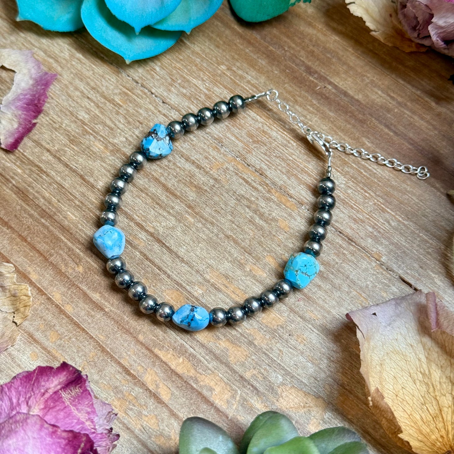 Golden Hill Turquoise Bracelet – 5mm Sterling Silver Pearls