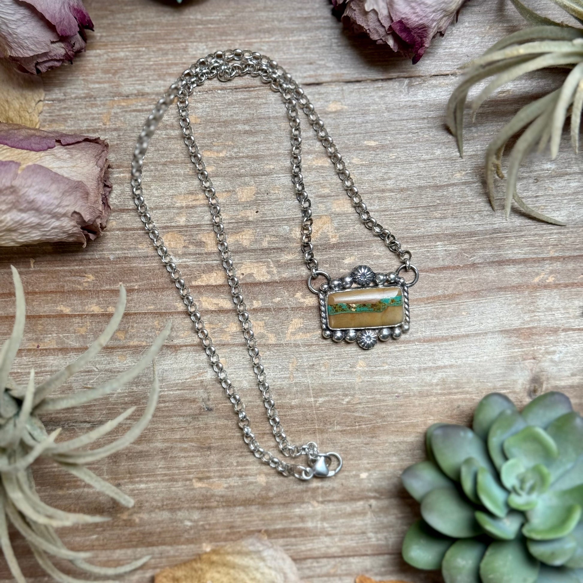 Ribbon Royston turquoise sterling silver bar necklace by Texas artist Jason Ogg
