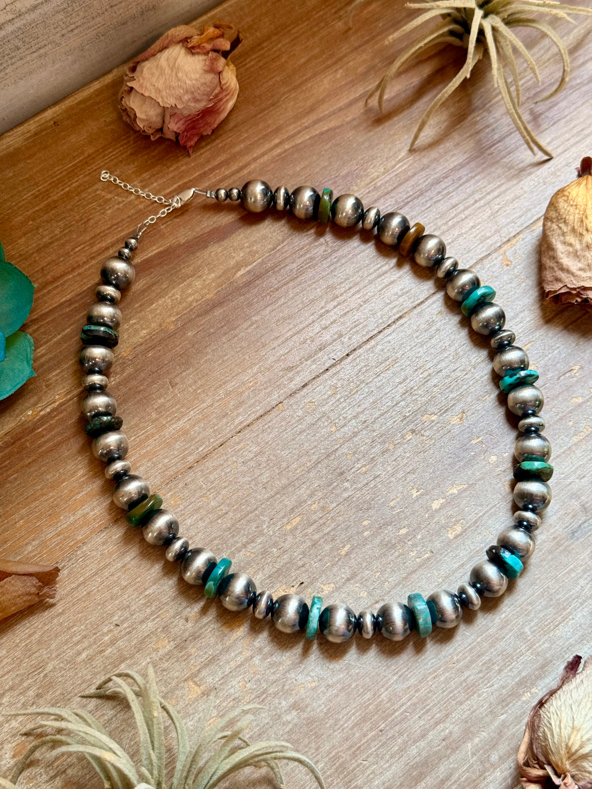 Turquoise Rondelle & Sterling Silver Pearl Statement Necklace
