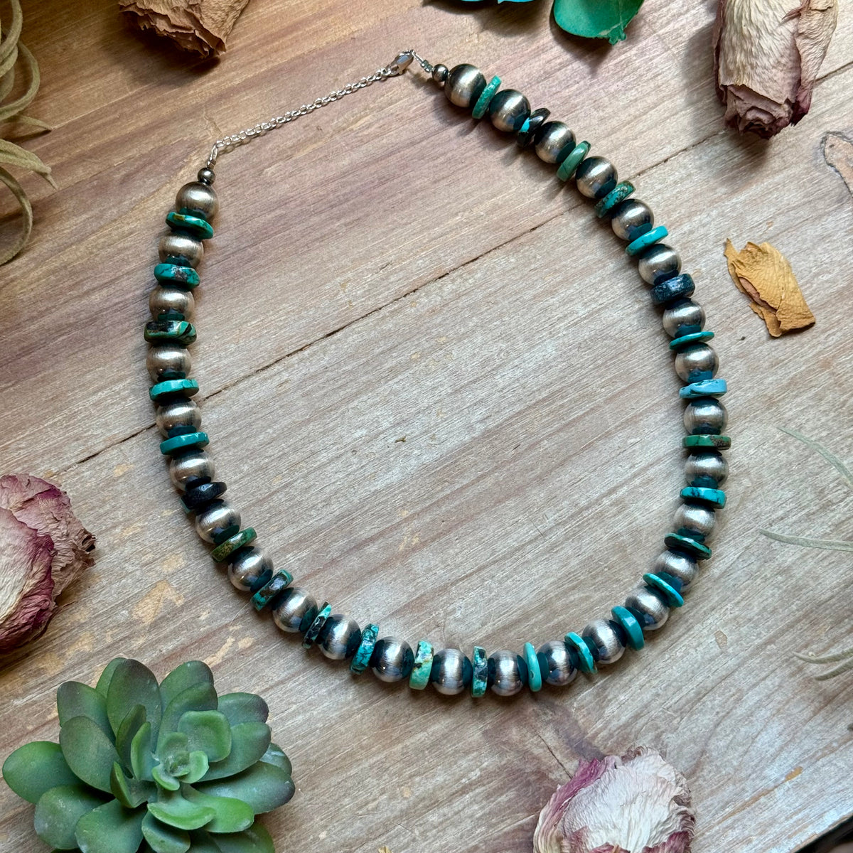 Turquoise Rondelle & Sterling Silver Pearl Statement Necklace