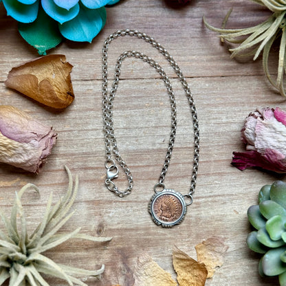 90 - Sterling Silver Indian Head Penny Framed Fixed Chain Necklace by Jason Ogg