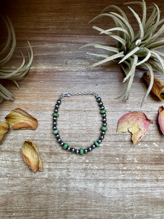 6.5” sterling silver pearl bracelet with 6mm green turquoise rondelle beads, made in the USA by The Bijoux FAB