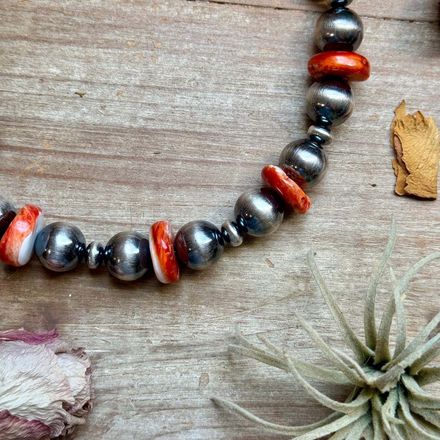 Orange Spiny Oyster & Sterling Silver Pearl Necklace