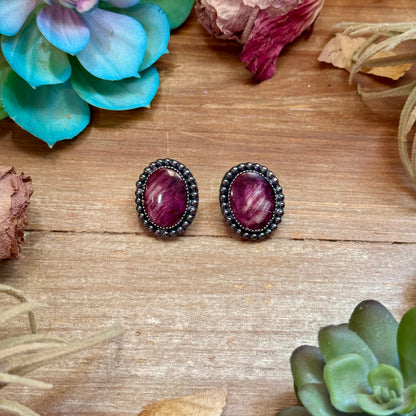 Handmade purple spiny oyster oval sterling silver stud earrings by The Bijoux FAB
