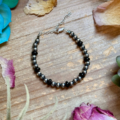 Black Onyx & Sterling Silver Pearl Bracelet – 5mm
