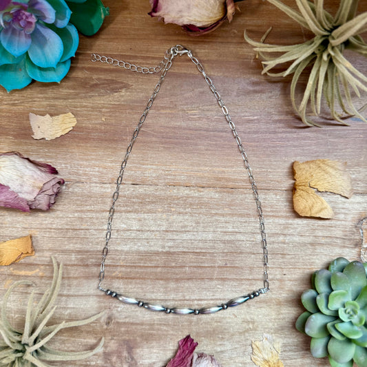Silver plated paperclip chain necklace with sterling silver torpedo beads and 4mm sterling silver pearls handmade by The Bijoux FAB in North Texas