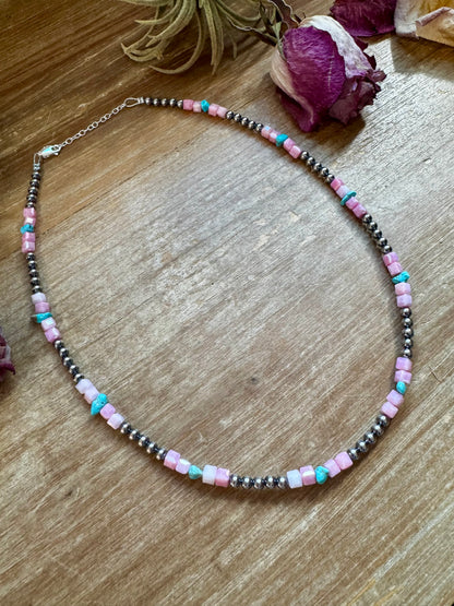 Sleeping Beauty Turquoise & Pink Magnesite Necklace – 4mm Sterling Silver Pearls
