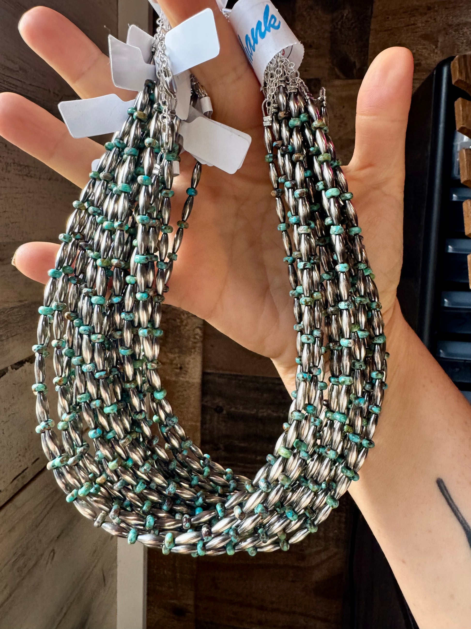 Handmade 14.5-inch turquoise choker with alternating 4mm rondelle and 3x9mm torpedo beads, plus extender, made by The Bijoux FAB