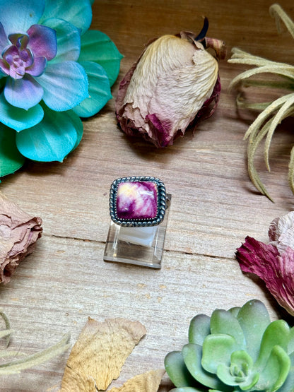purple spiny oyster square adjustable sterling silver ring handmade USA MJ
