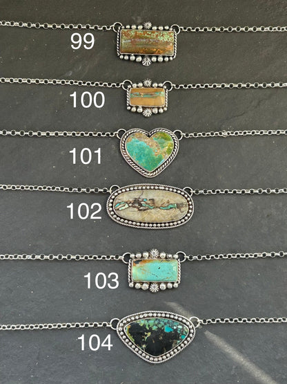 Sterling silver bar necklace with Black Hills turquoise by Texas artist Jason Ogg
