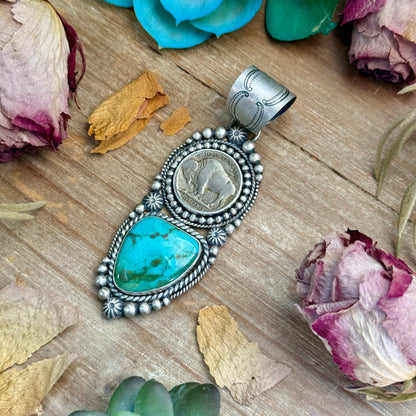 70 - Sterling Silver Pilot Mountain Turquoise & Buffalo Nickel Pendant by Shay Pfeiffer
