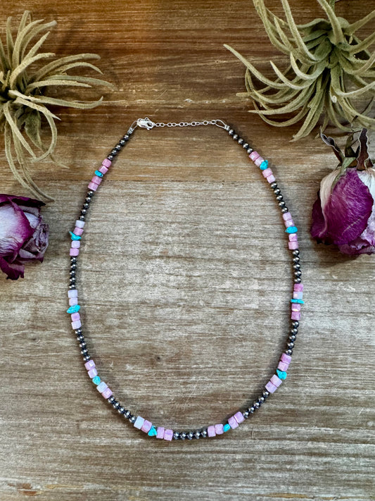 Sterling silver pearl necklace with Sleeping Beauty turquoise and 5mm faceted pink magnesite, handmade by The Bijoux FAB in the USA