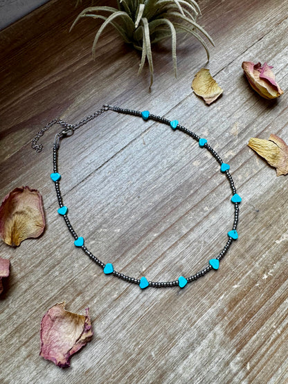Handmade 14-inch necklace with antique silver glass seed beads and turquoise variscite heart center, made by The Bijoux FAB