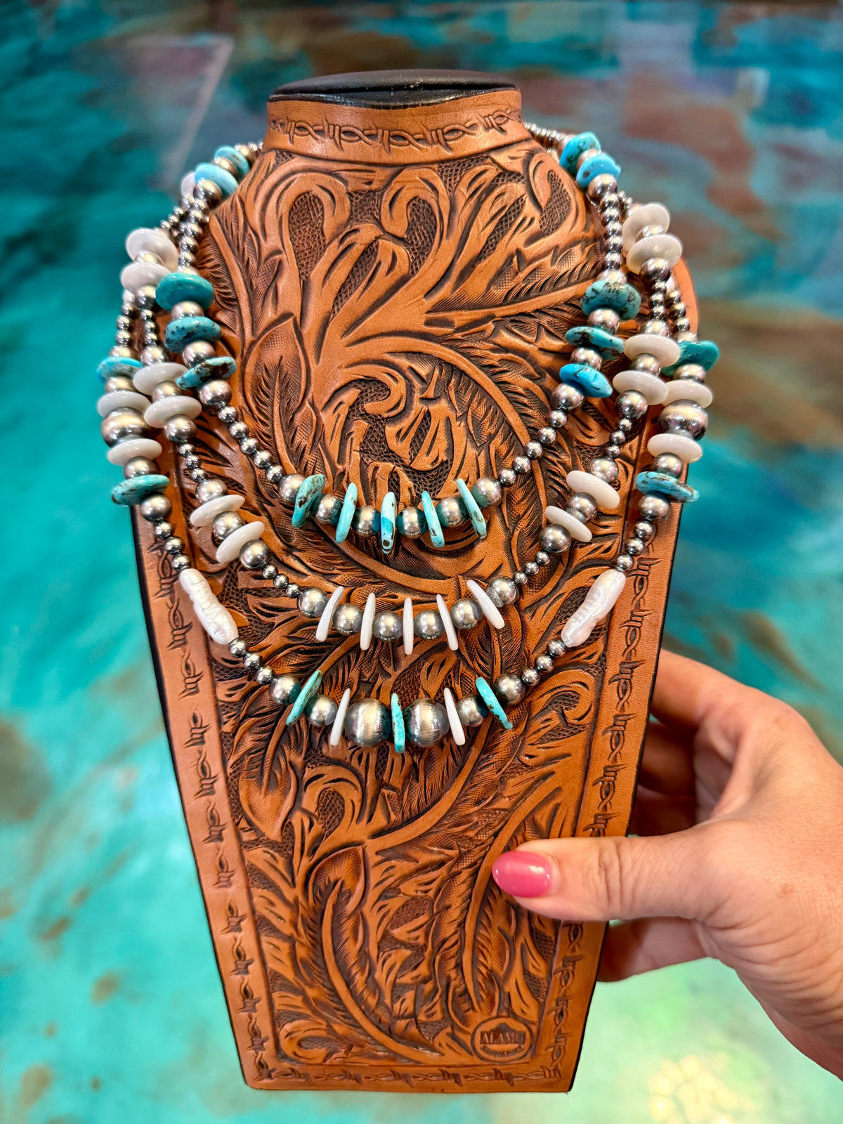 Jaci Stack – Baby Blue Turquoise, Freshwater Pearl & Sterling Silver Necklaces