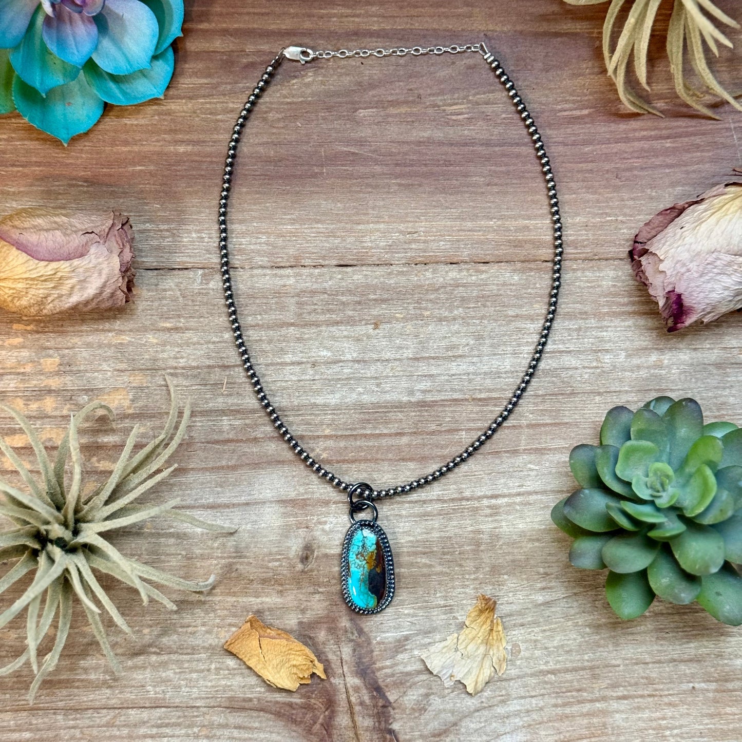 Long oval blue turquoise sterling silver pendant with free sterling silver pearl necklace handmade by The Bijoux FAB