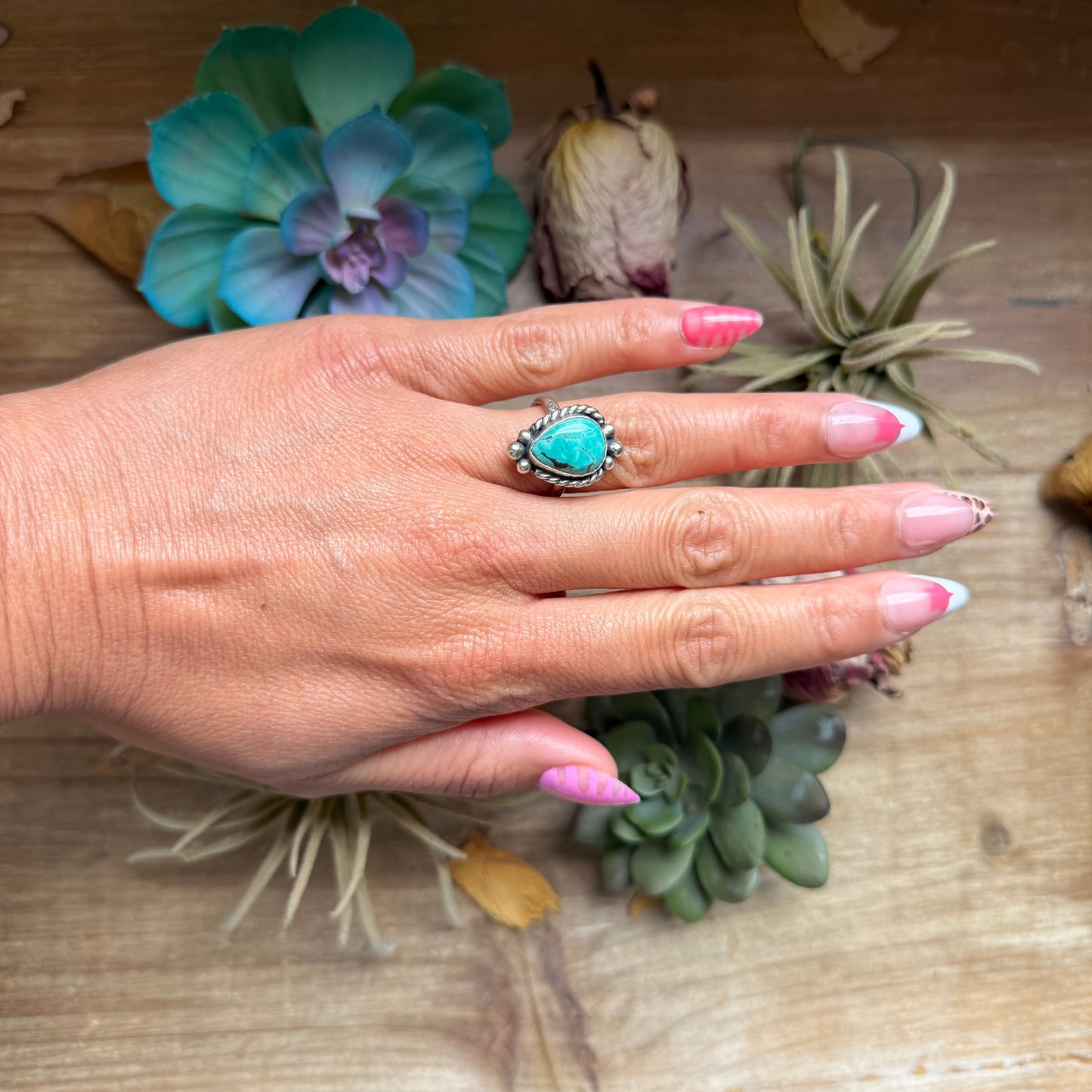 126 - Sterling Silver Tyrone Turquoise Medicine Man Eye Stamped Stacking Ring by Jason Ogg