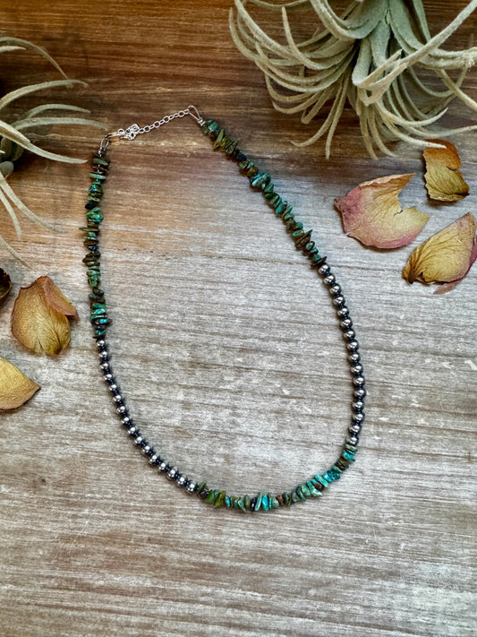 16" sterling silver pearl necklace with natural chipped turquoise in green, blue, and brown, handmade by The Bijoux FAB in the USA
