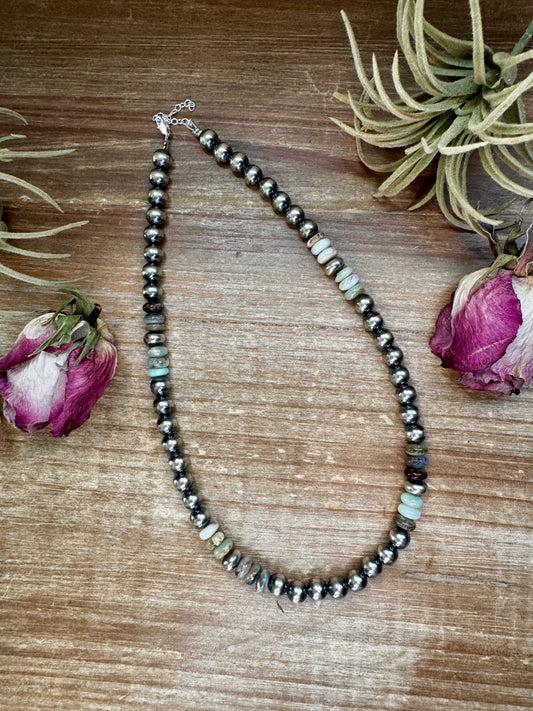 18-inch sterling silver pearl necklace with 8mm Peruvian opal rondelles, handmade by The Bijoux FAB in the USA