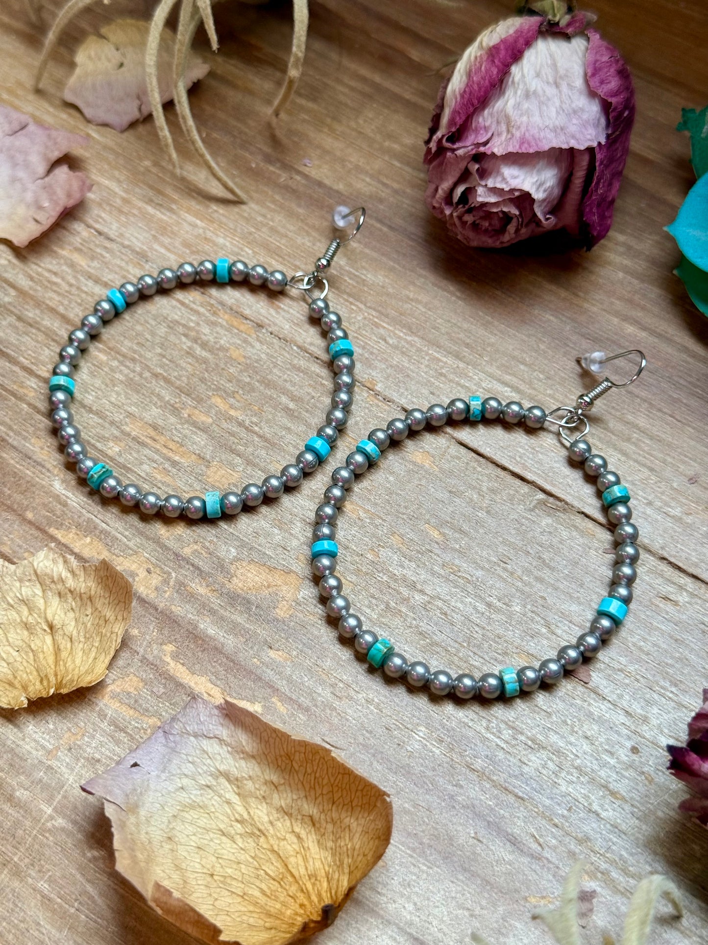 Silver Plated & Blue Variscite Turquoise Hoop Earrings – 4mm Beads