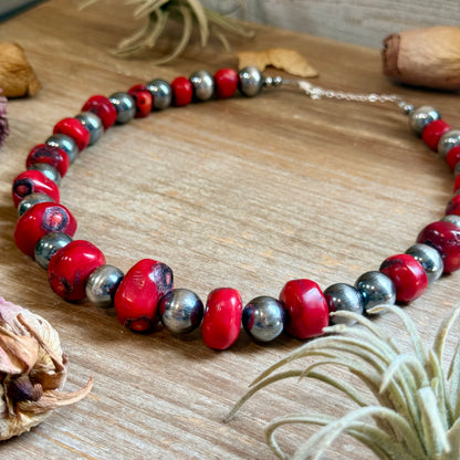 Graduated Dyed Red Coral & Sterling Silver Pearl Necklace