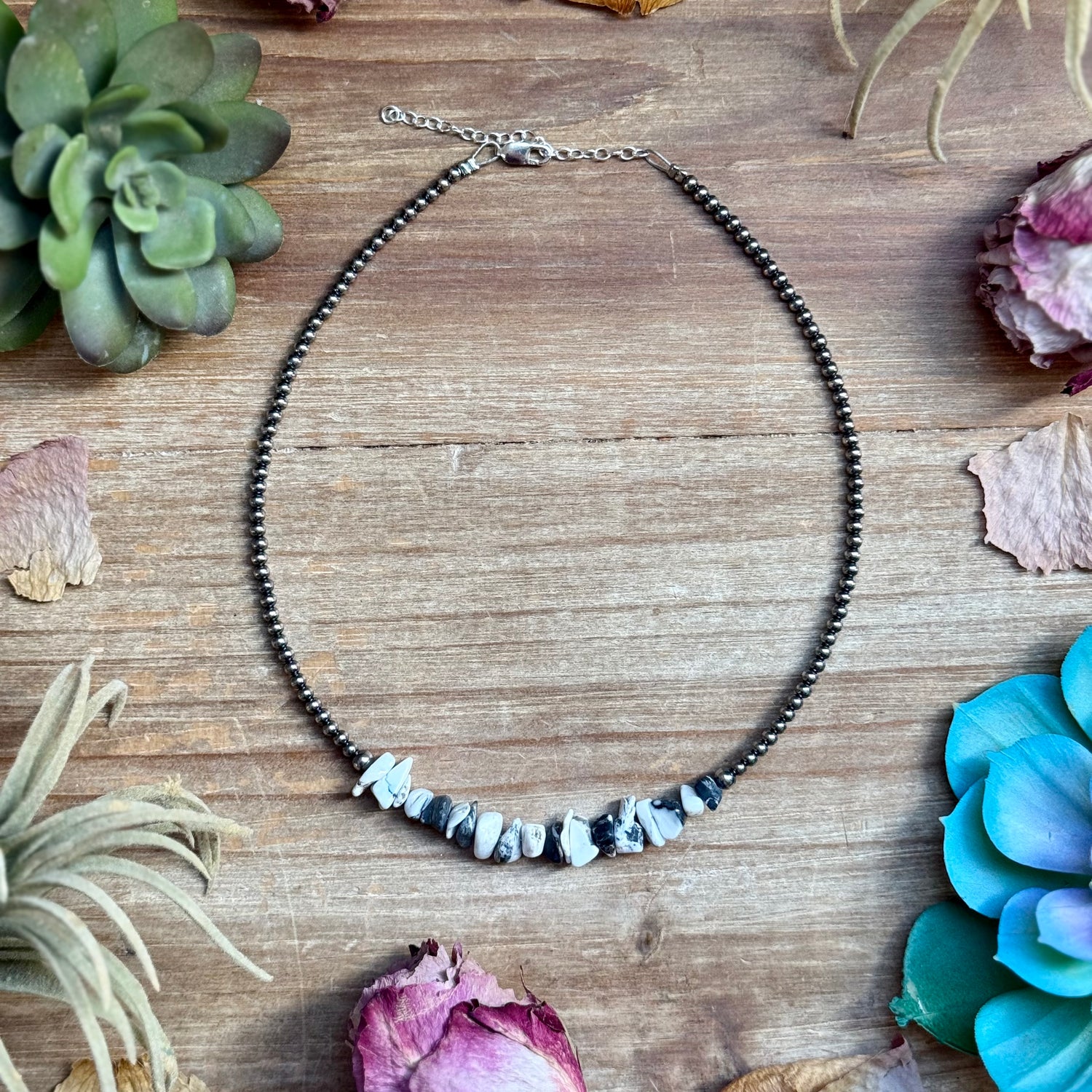 14 inch white buffalo choker with sterling silver pearls handmade in the USA by The Bijoux FAB