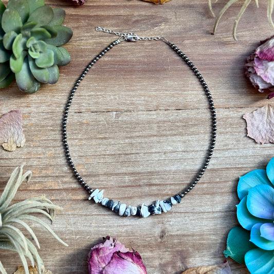 14 inch white buffalo choker with sterling silver pearls handmade in the USA by The Bijoux FAB